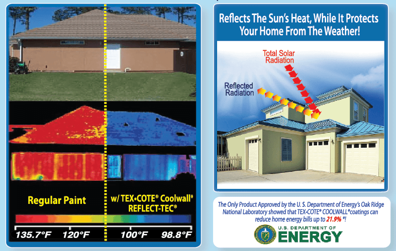 A promotional graphic for TEX-COTE Coolwall REFLECT-TEC showing side-by-side thermal images of a house. The product application shows significantly lower temperatures (98.8-100°F) compared to regular paint (120-135.7°F), with endorsement from the U.S. Department of Energy.