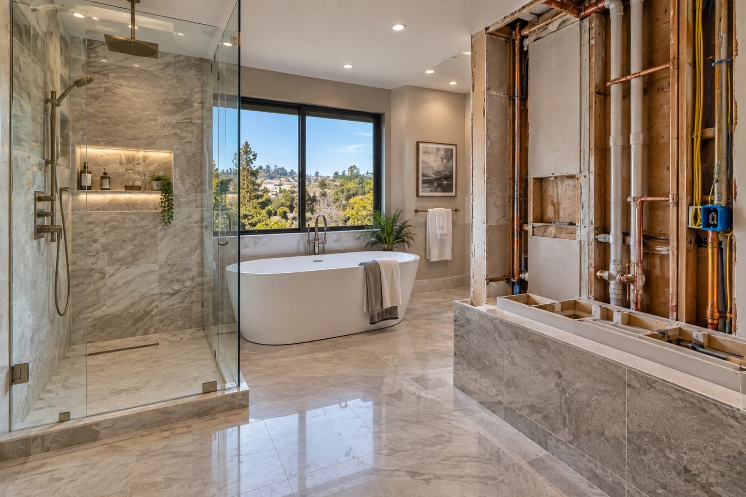 Luxury bathroom renovation showing shower plumbing and electrical work