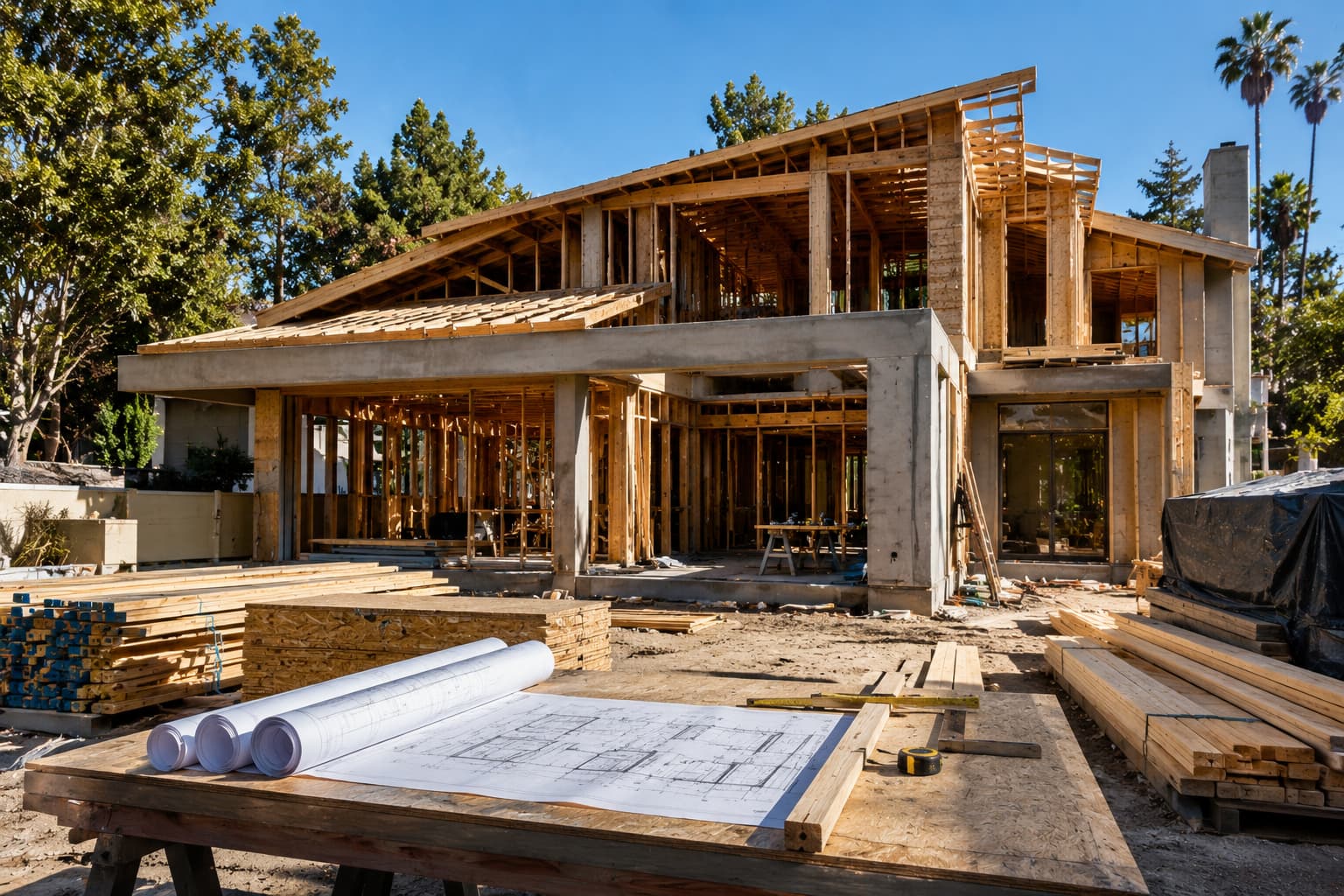 Luxury home under reconstruction after fire damage.