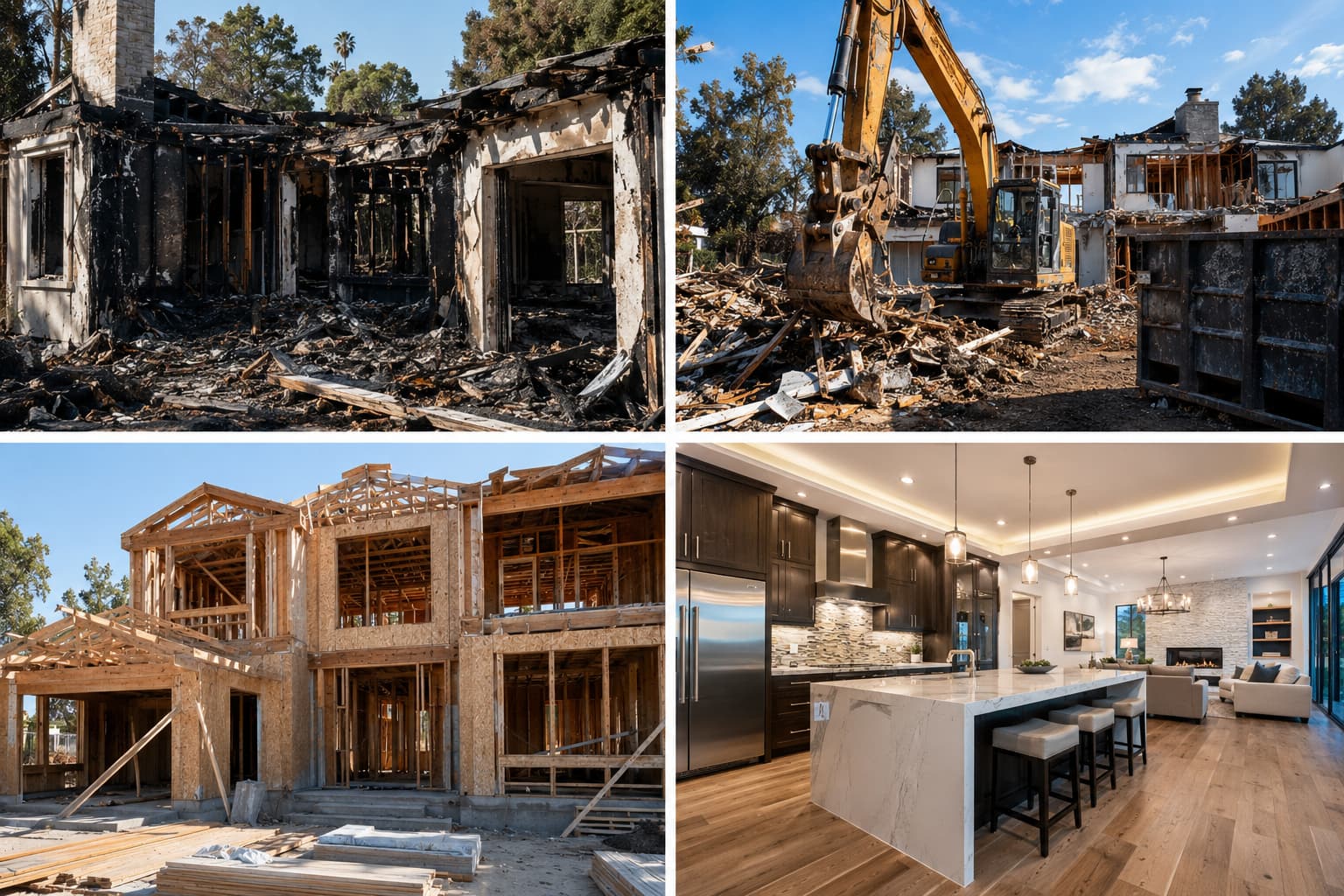 Fire rebuild project phases from damage assessment to completion.