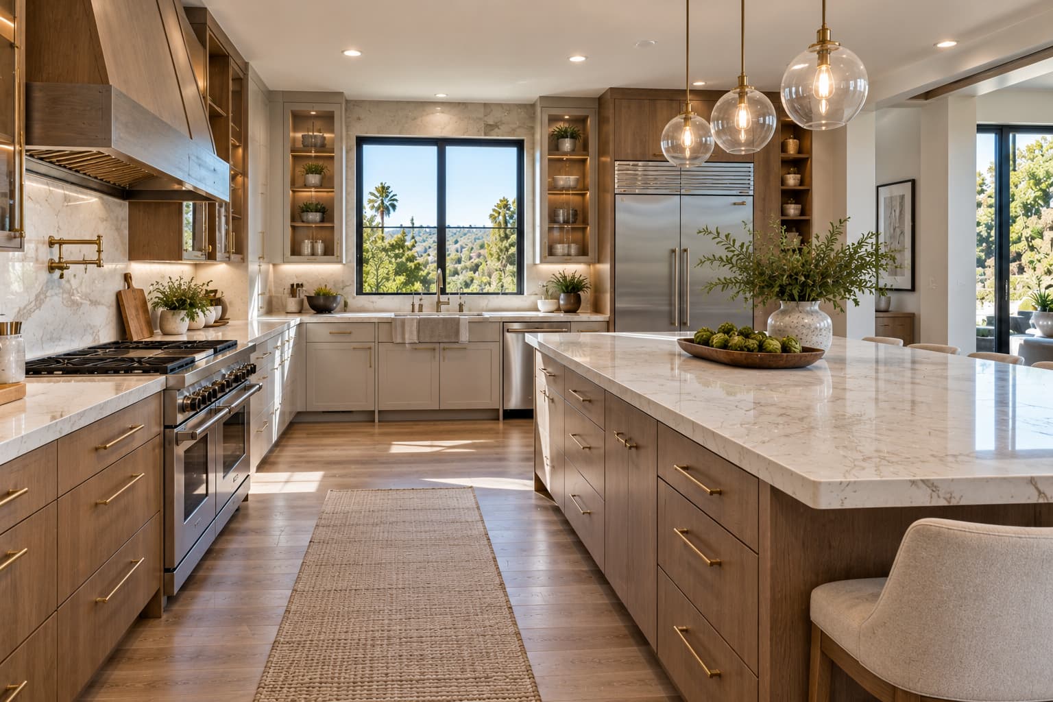 Luxury kitchen layout with custom cabinets, island, and practical work zones