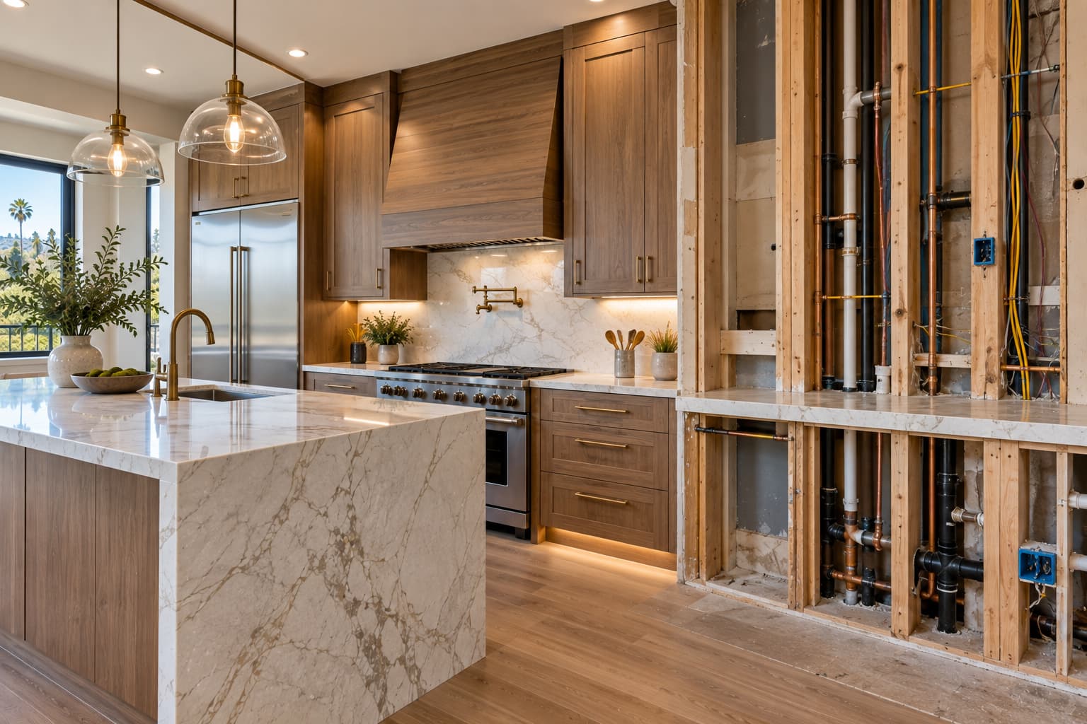 Los Angeles kitchen renovation with visible plumbing and electrical work