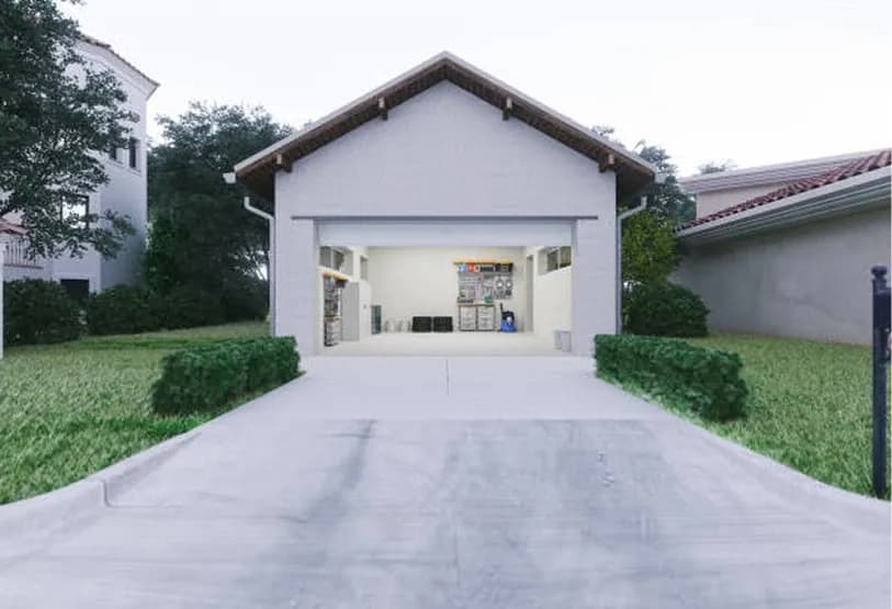 A single-story white garage with open door in a suburban setting, surrounded by green grass and shrubs