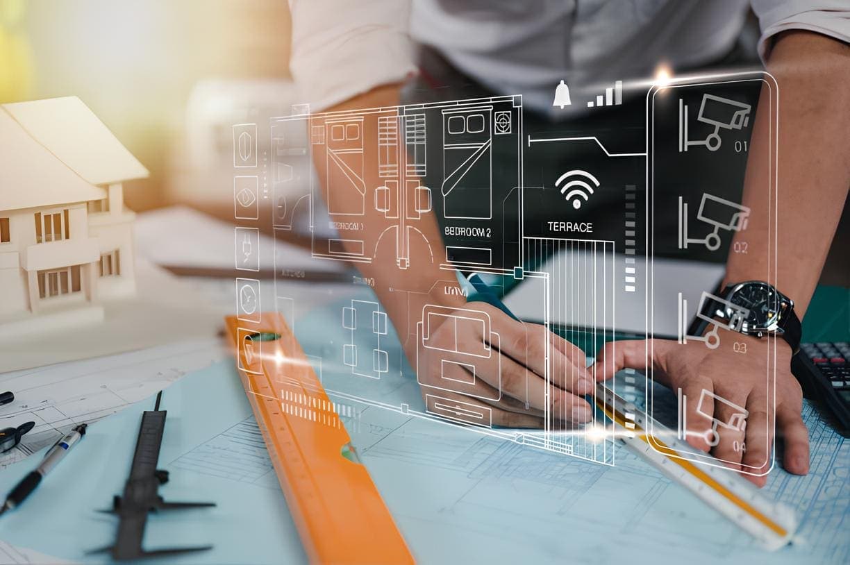 A professional designing a smart home with a holographic floor plan interface showing smart home automation icons including Wi-Fi, security cameras, and sensors, alongside physical house model and blueprints on a desk.