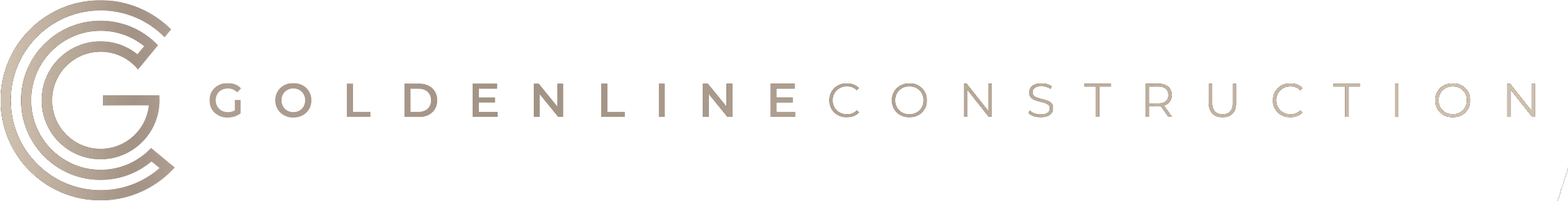 Goldenline Construction gradient logo featuring a stylized double-lined letter G in light brown with subtle blue accents on the letters L, I, and E.