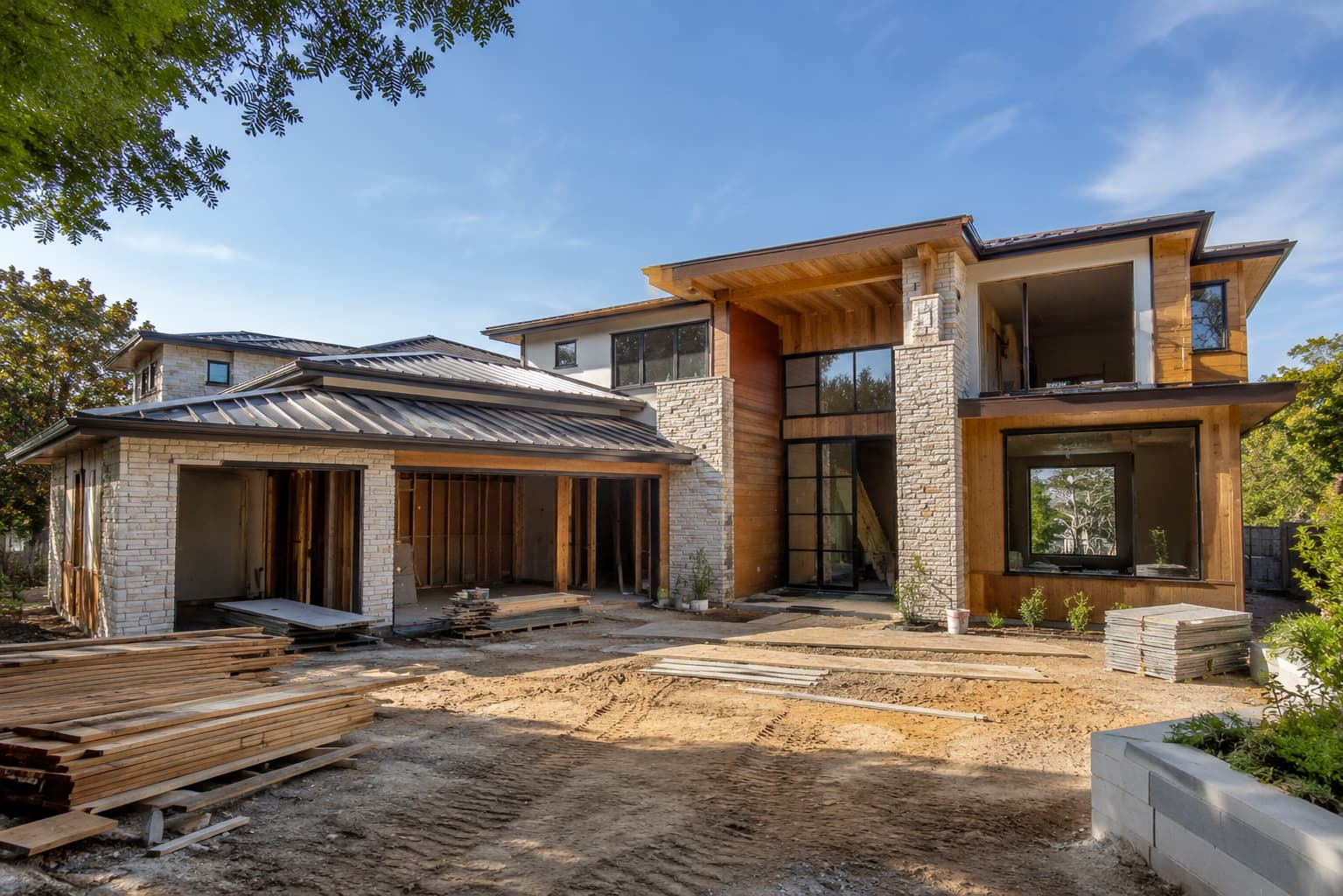 Custom home construction at a mid-build stage in Los Angeles