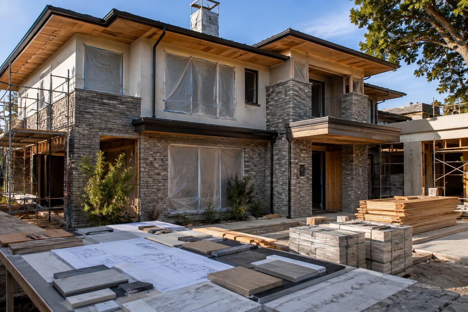Custom home construction site with materials and planning details in Los Angeles