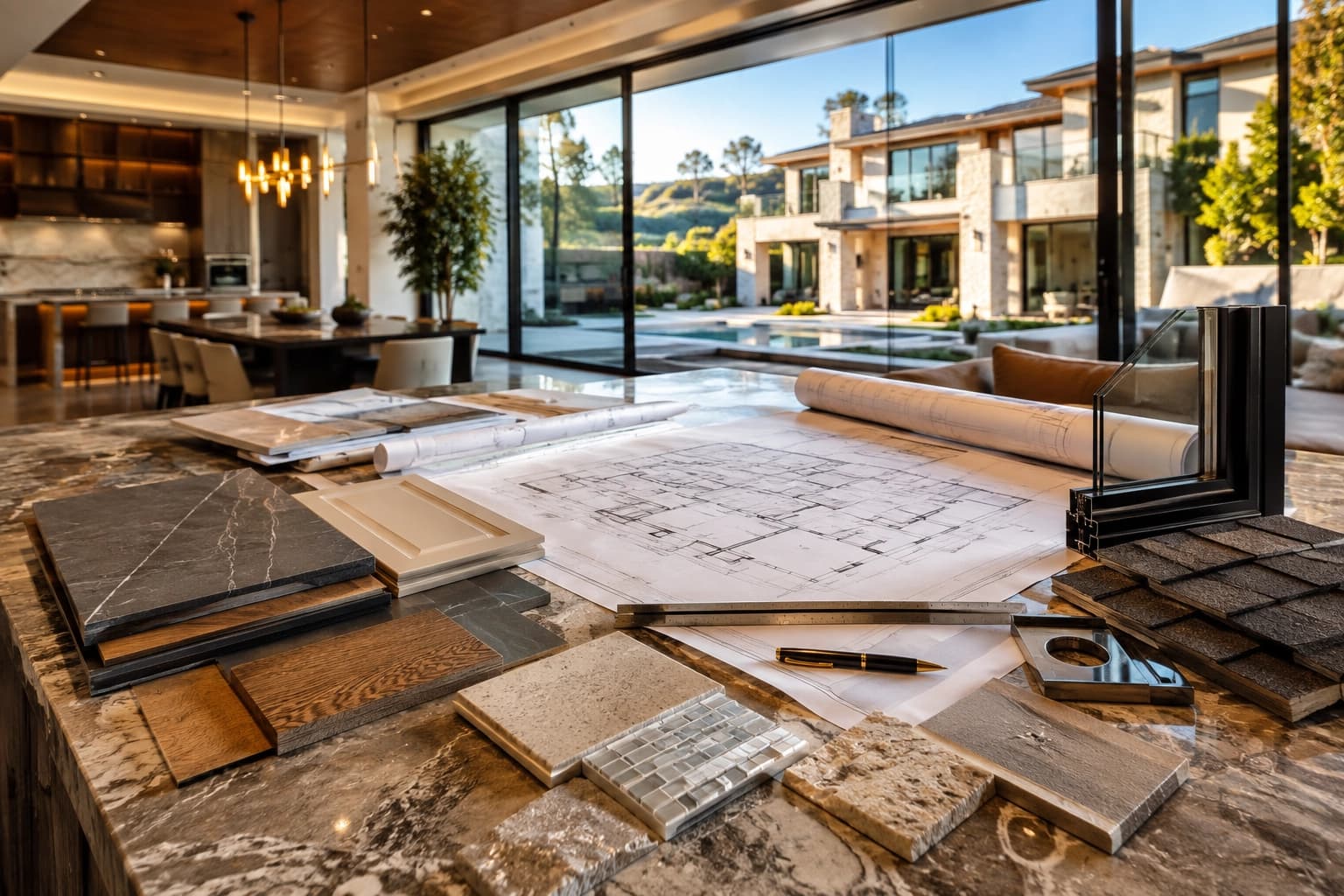 Custom home planning with architectural materials and construction samples