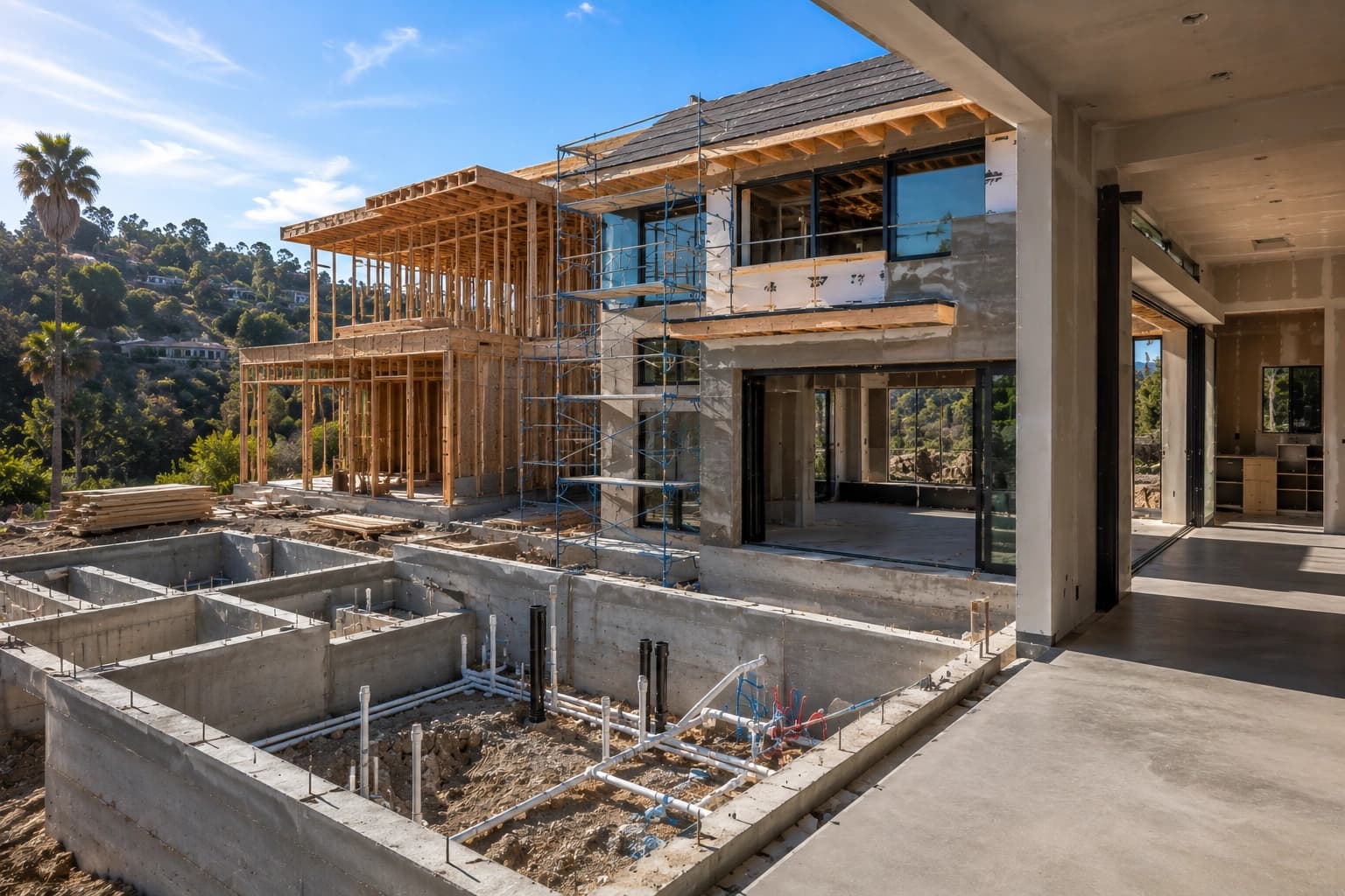Custom home construction stages from foundation to interior finishes