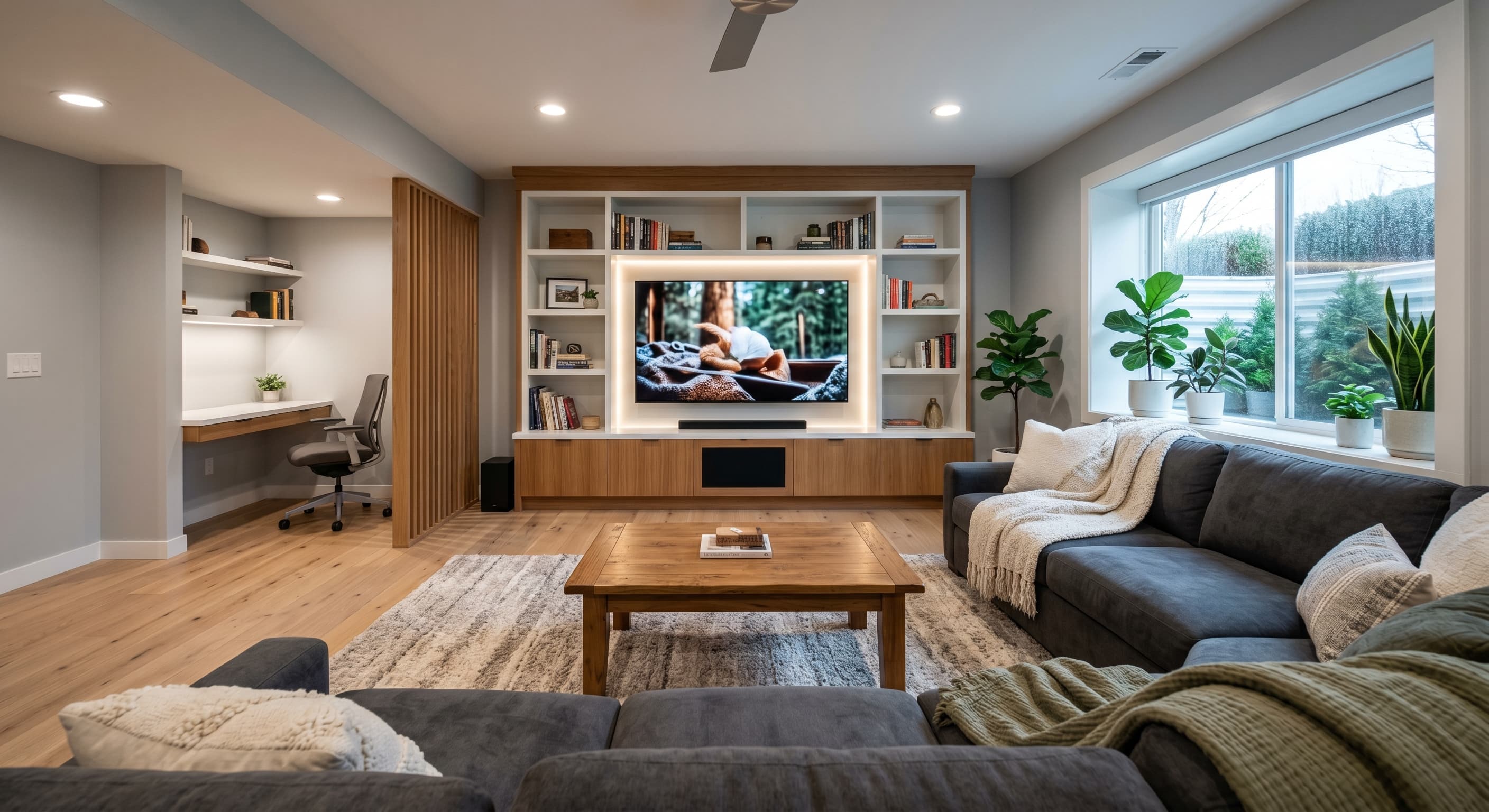 A beautifully remodeled, modern, cozy basement family room and entertainment space in a Seattle home
