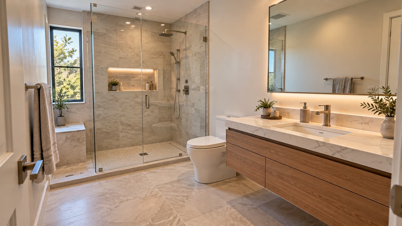 Bathroom layout with a walk-in shower, floating vanity, porcelain flooring, and clear walking space.