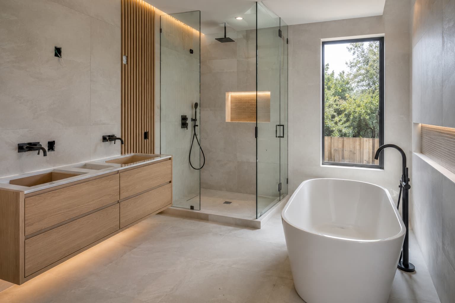 Luxury bathroom during the installation phase of remodeling.