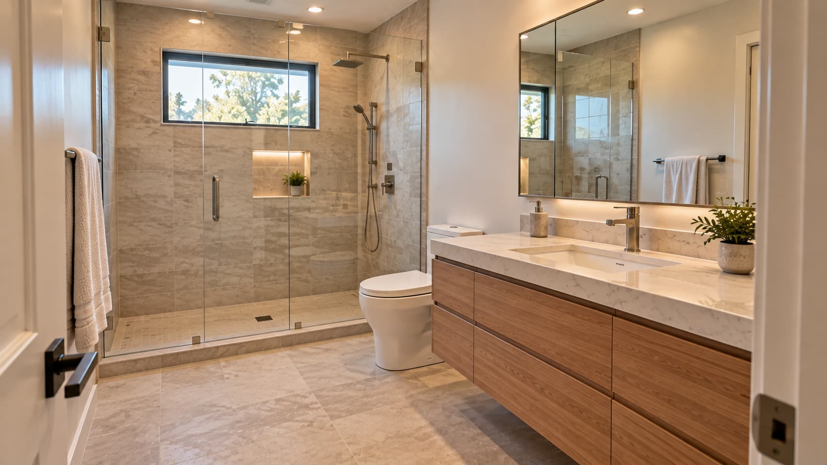Nearly completed bathroom remodel with finished tile, installed vanity, and modern shower fixtures.