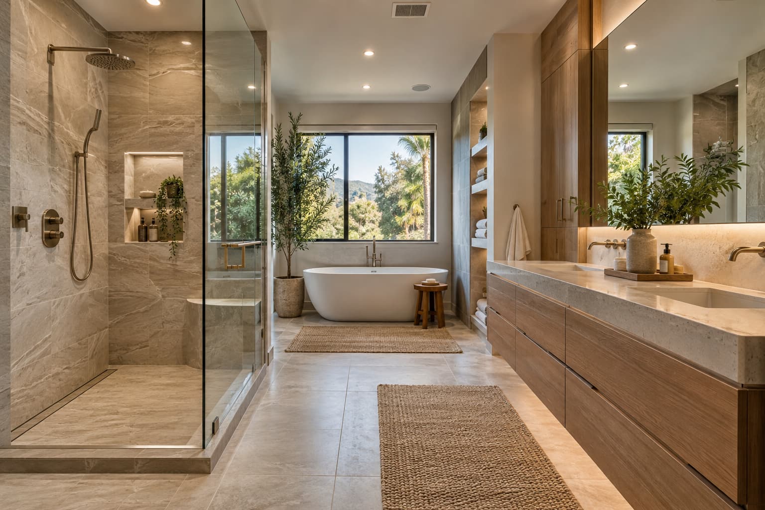 Luxury Woodland Hills bathroom featuring a walk-in shower, modern vanity, and natural stone finishes