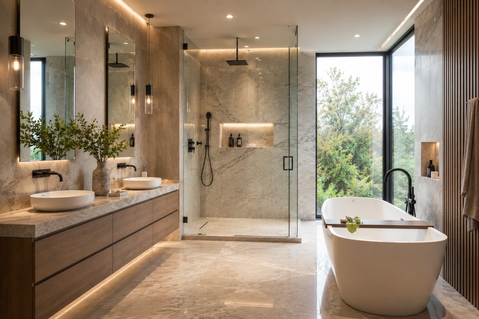 Completed luxury bathroom remodel with premium finishes.