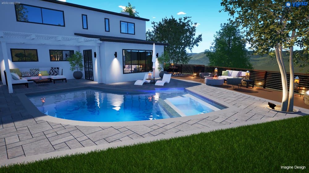 A modern luxury backyard at dusk featuring a rectangular swimming pool with built-in spa, outdoor lounge furniture under a white pergola, fire pit seating area, and views of distant mountains.