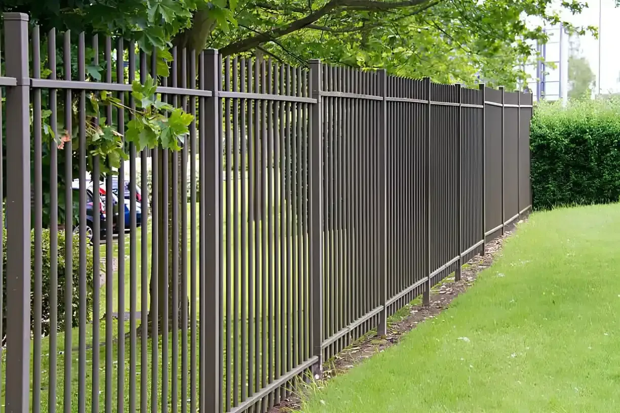 A modern iron fence with vertical metal bars in dark gray, evenly spaced with horizontal rails, set against green grass and trees in a contemporary utilitarian style.