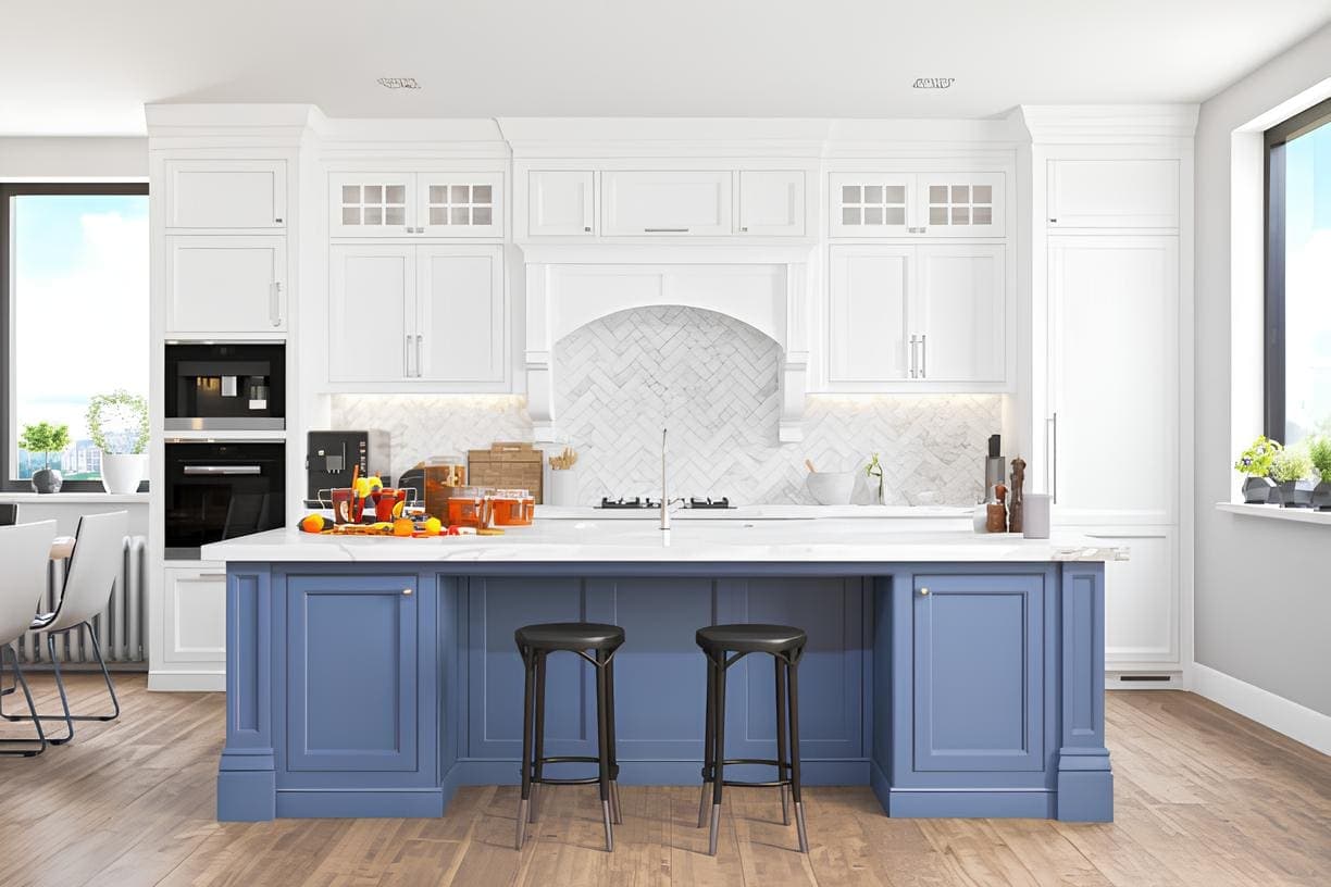 A modern kitchen with a striking blue island featuring white countertop and paneled cabinetry, white herringbone tile backsplash, white upper cabinets, and two black bar stools.