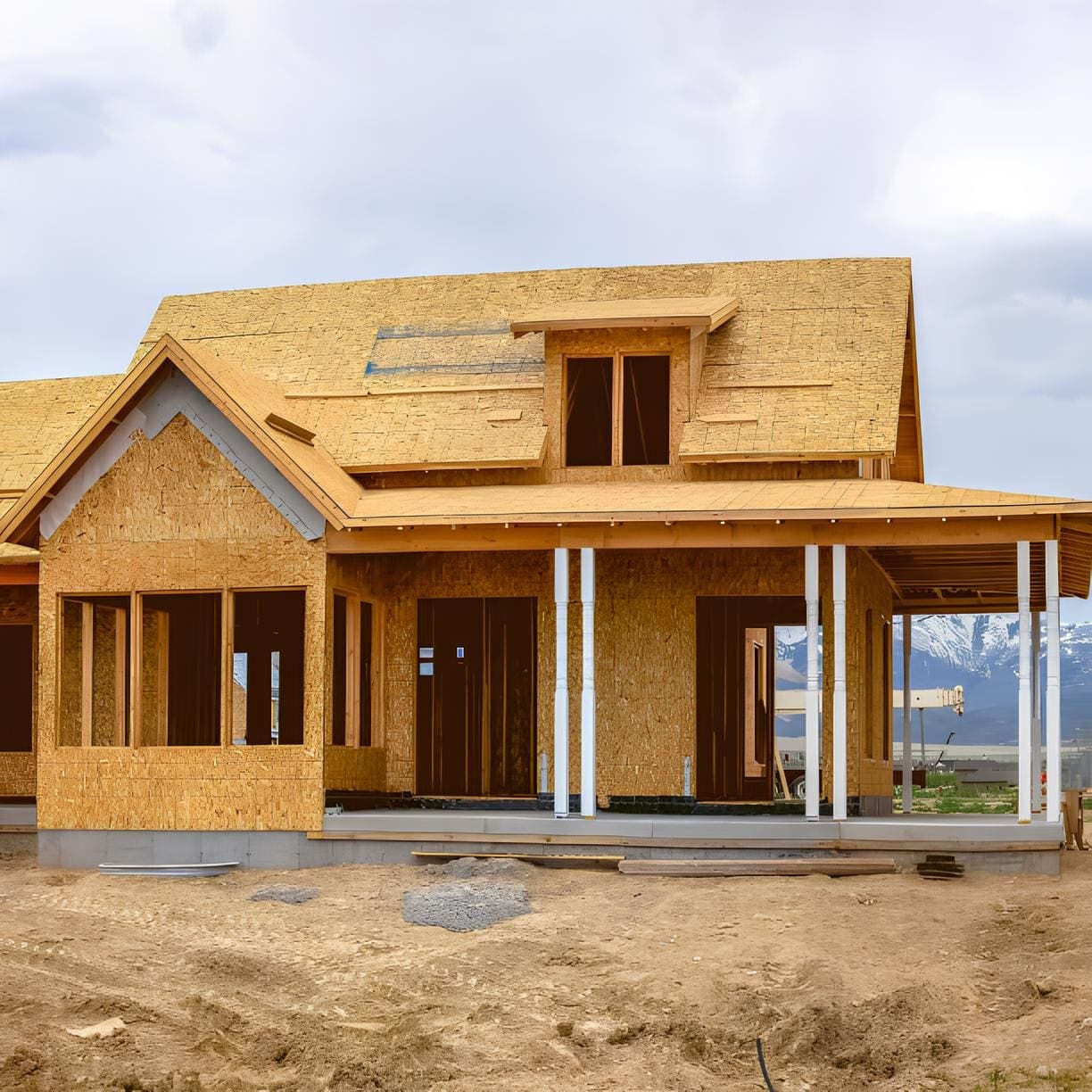 A two-story house under construction with oriented strand board sheathing, covered front porch with four white columns, concrete slab foundation, set against mountains in the background on a dirt lot.