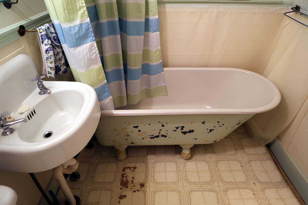 A vintage bathroom with a clawfoot bathtub showing chipped paint, a pedestal sink with chrome faucet, stained cream-colored floor tiles, and a striped shower curtain.