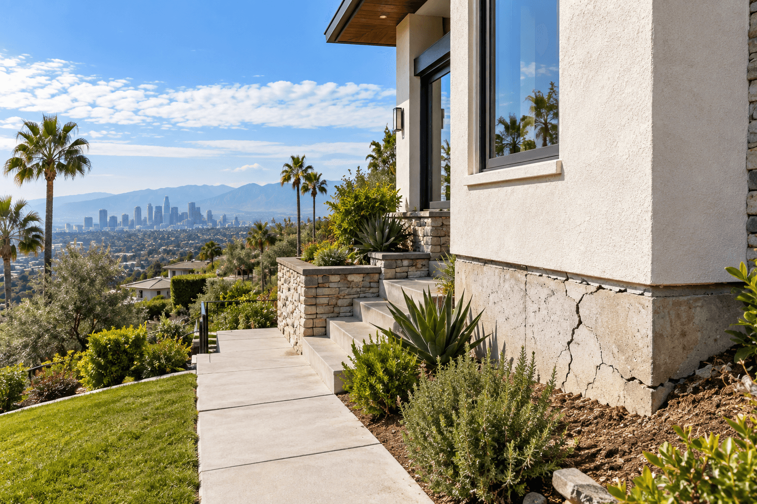 Los Angeles home with visible foundation damage and surrounding landscape