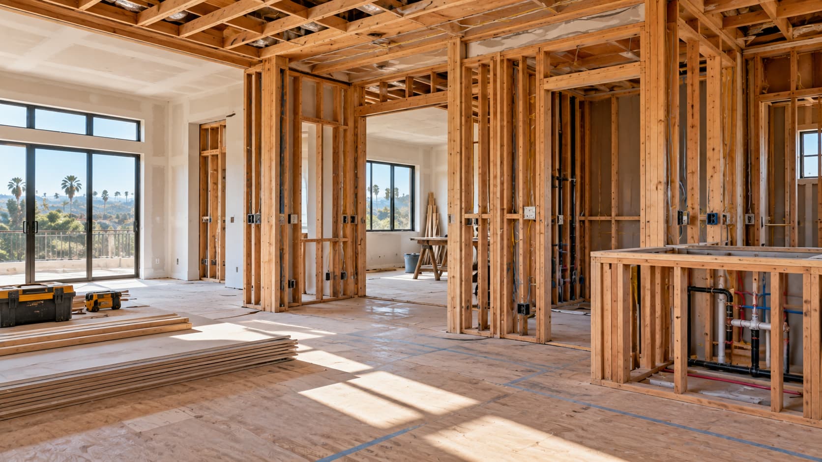 Residential remodeling project showing exposed wall framing and unfinished interior construction.