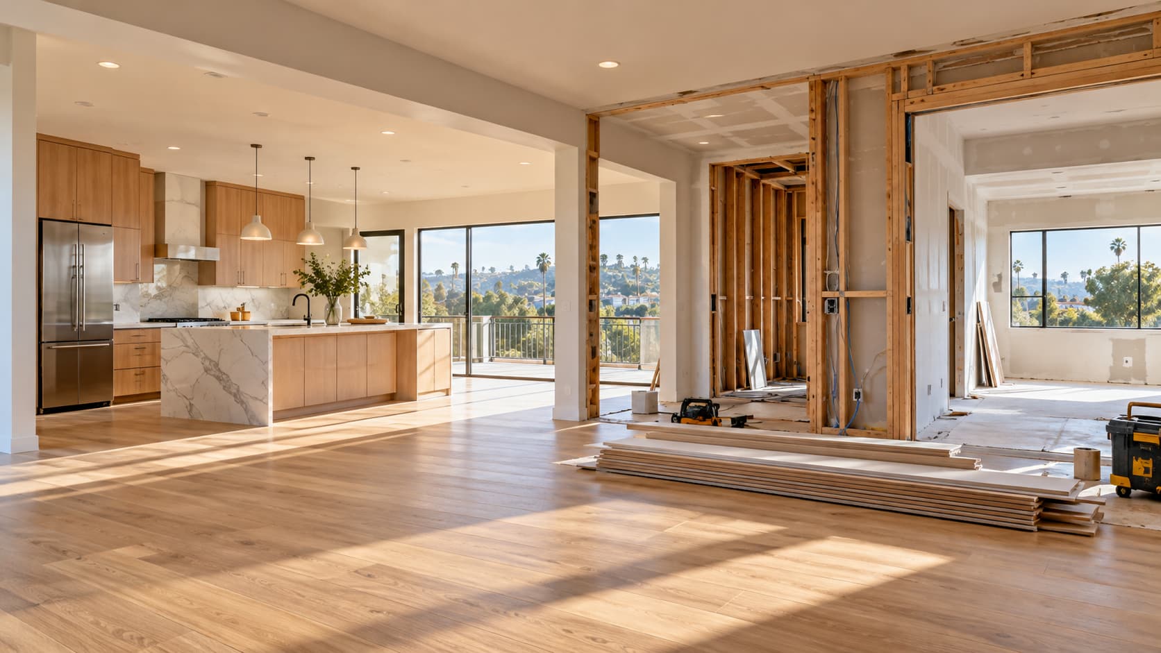 Los Angeles home interior showing finished and ongoing remodeling work.