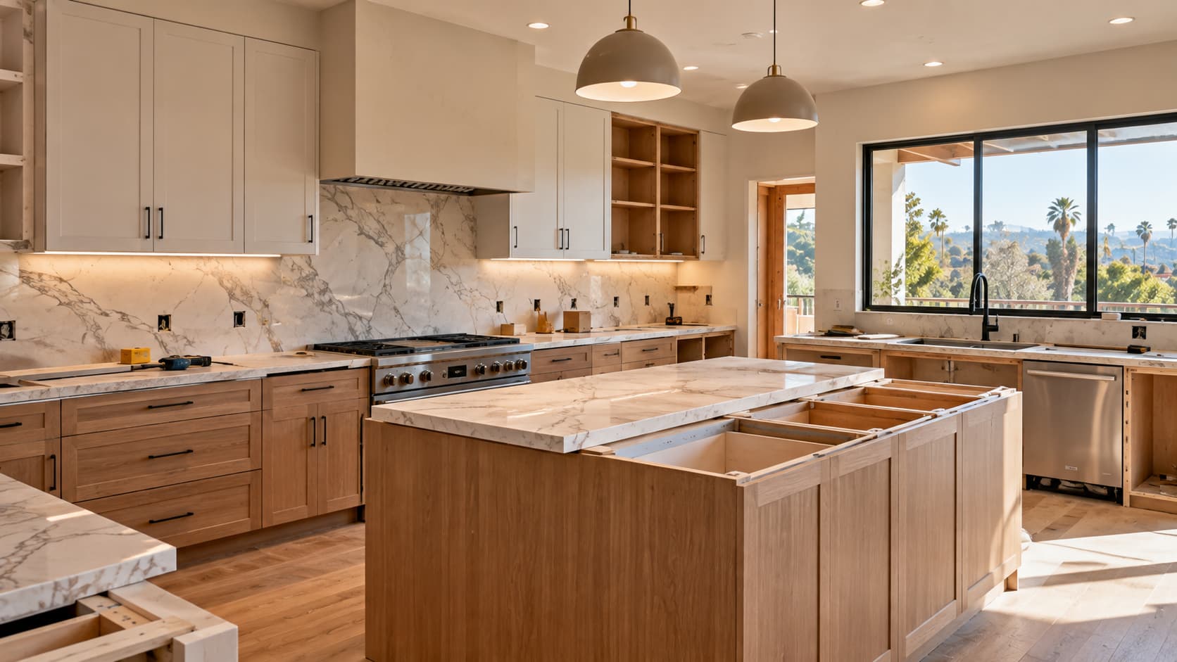 Partially completed kitchen renovation showing installed cabinets and unfinished countertop work.