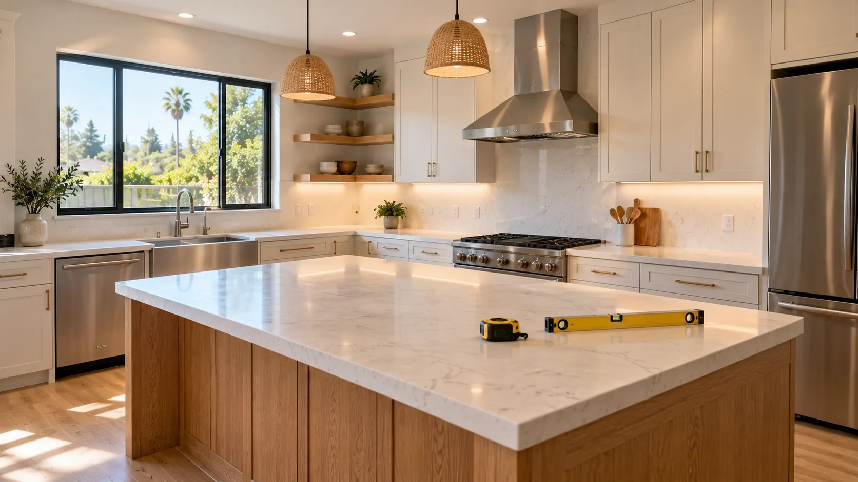 Completed kitchen renovation with finished cabinetry, countertops, sink, and lighting ready for inspection.