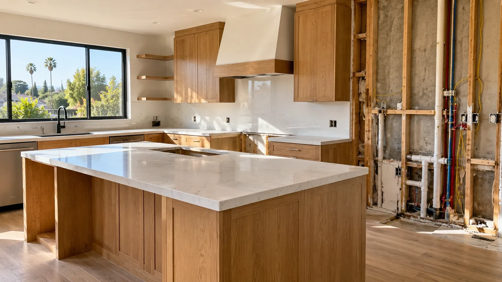 Kitchen remodel in Los Angeles showing new cabinetry and exposed utility connections during renovation.