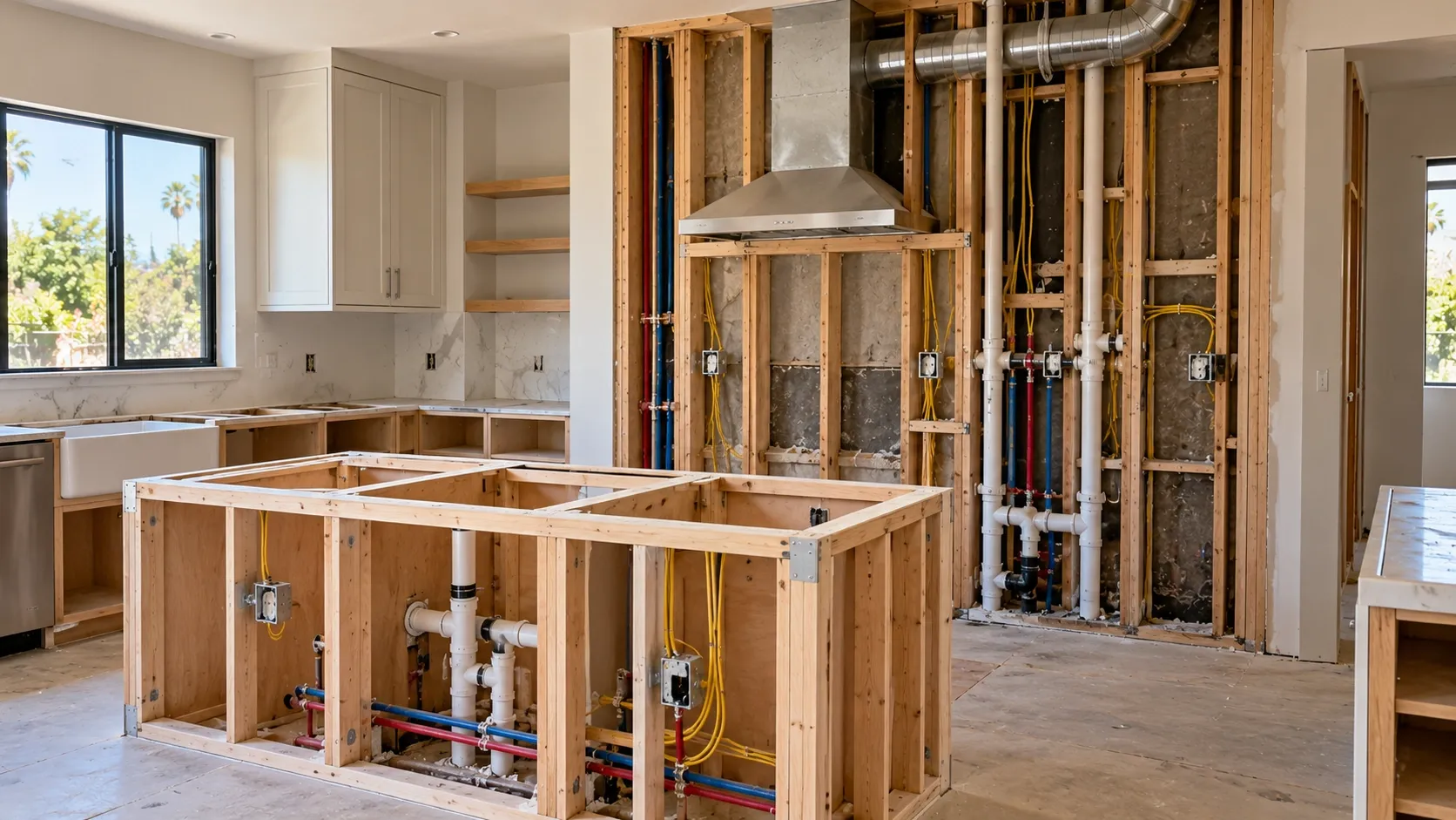 Kitchen renovation showing exposed electrical wiring, plumbing pipes, and ventilation ductwork.