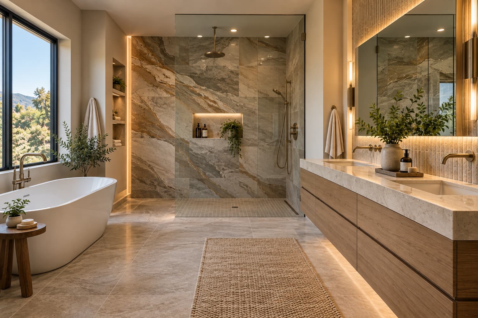 Modern bathroom with large-format porcelain tiles and a sophisticated accent wall