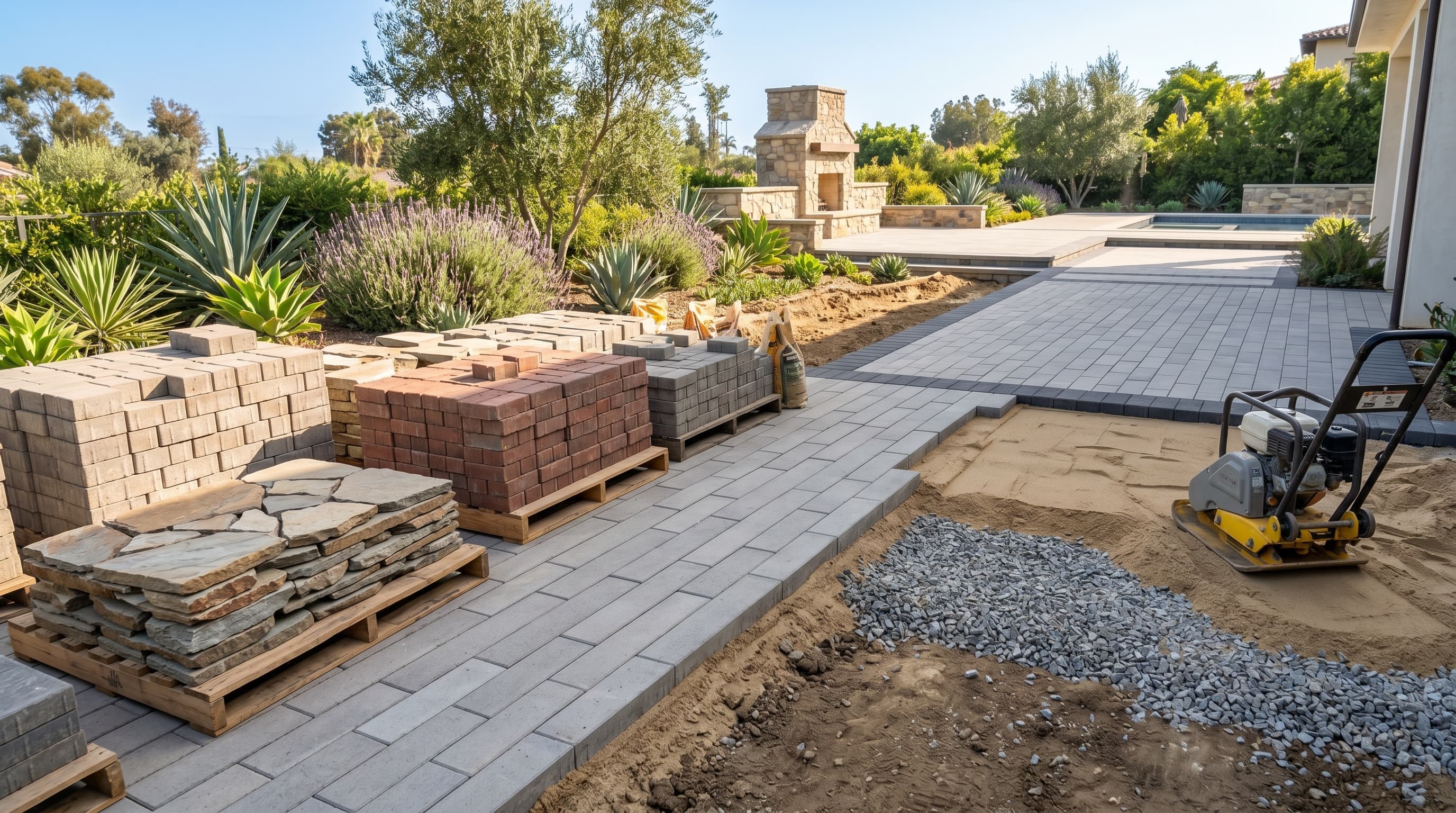An active hardscaping construction site in a Los Angeles backyard, showcasing pallets of concrete, brick, and stone pavers with layered base preparation.