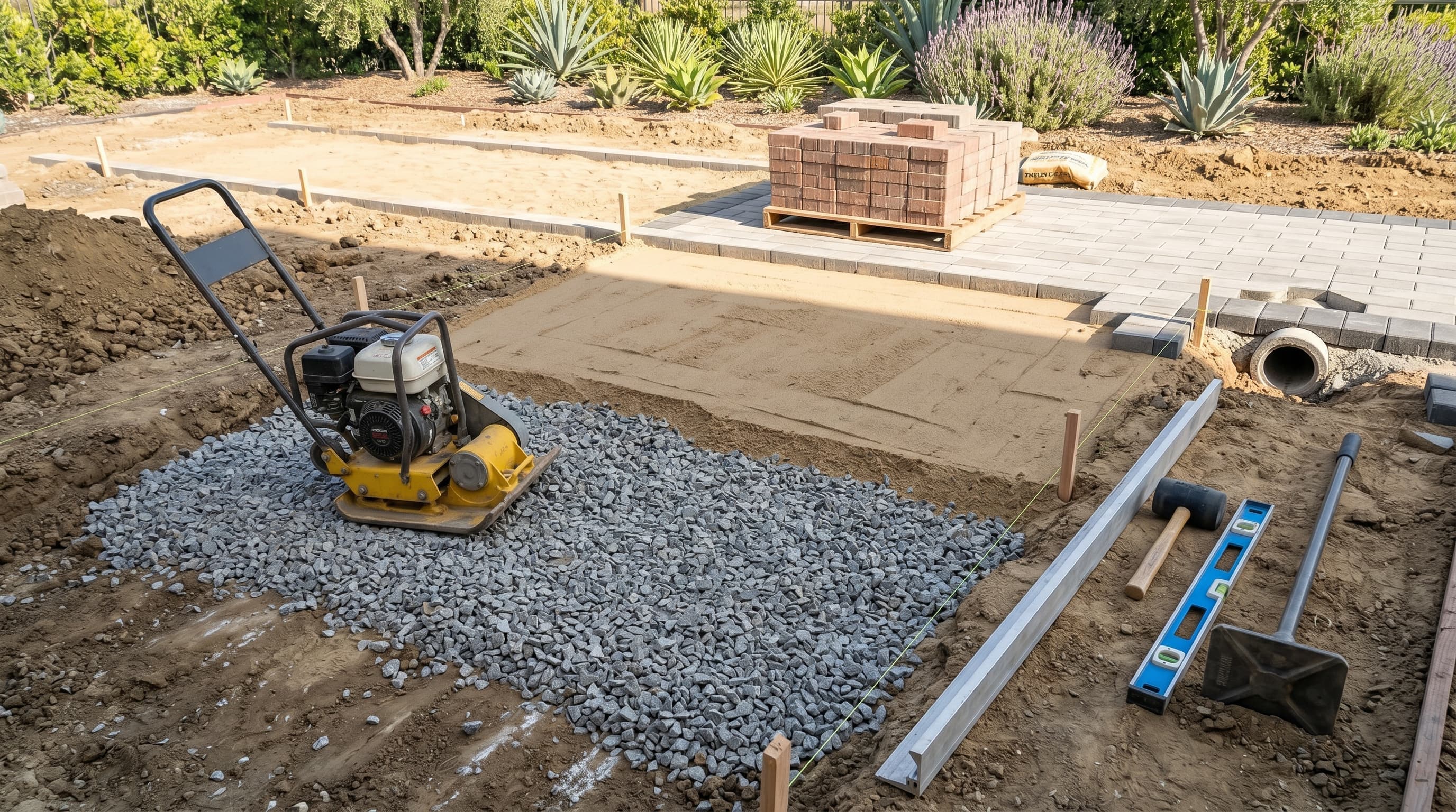 A detailed view of partially completed groundwork for a paver installation in Los Angeles