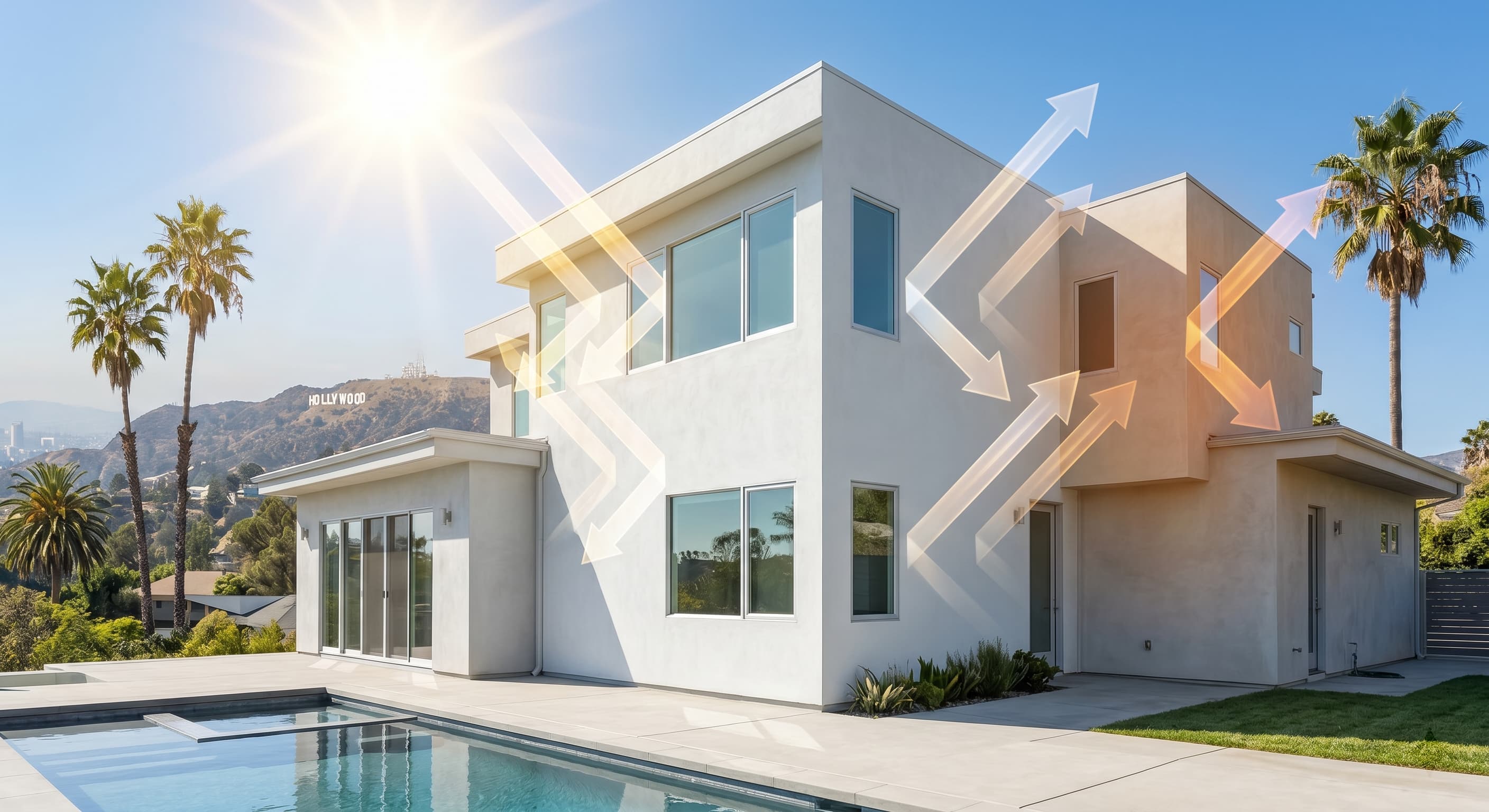 A modern Los Angeles home on a sunny day visually demonstrating heat reflection with glowing arrows bouncing off the solar-reflective exterior cool paint.