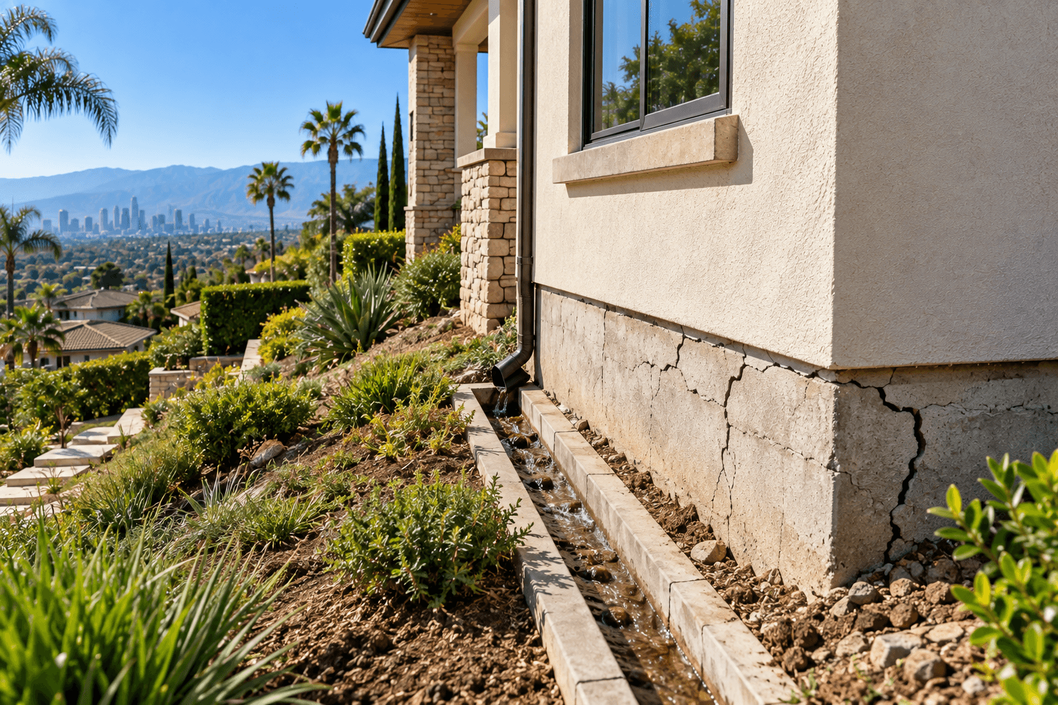 Los Angeles home foundation with drainage issues and visible structural cracks