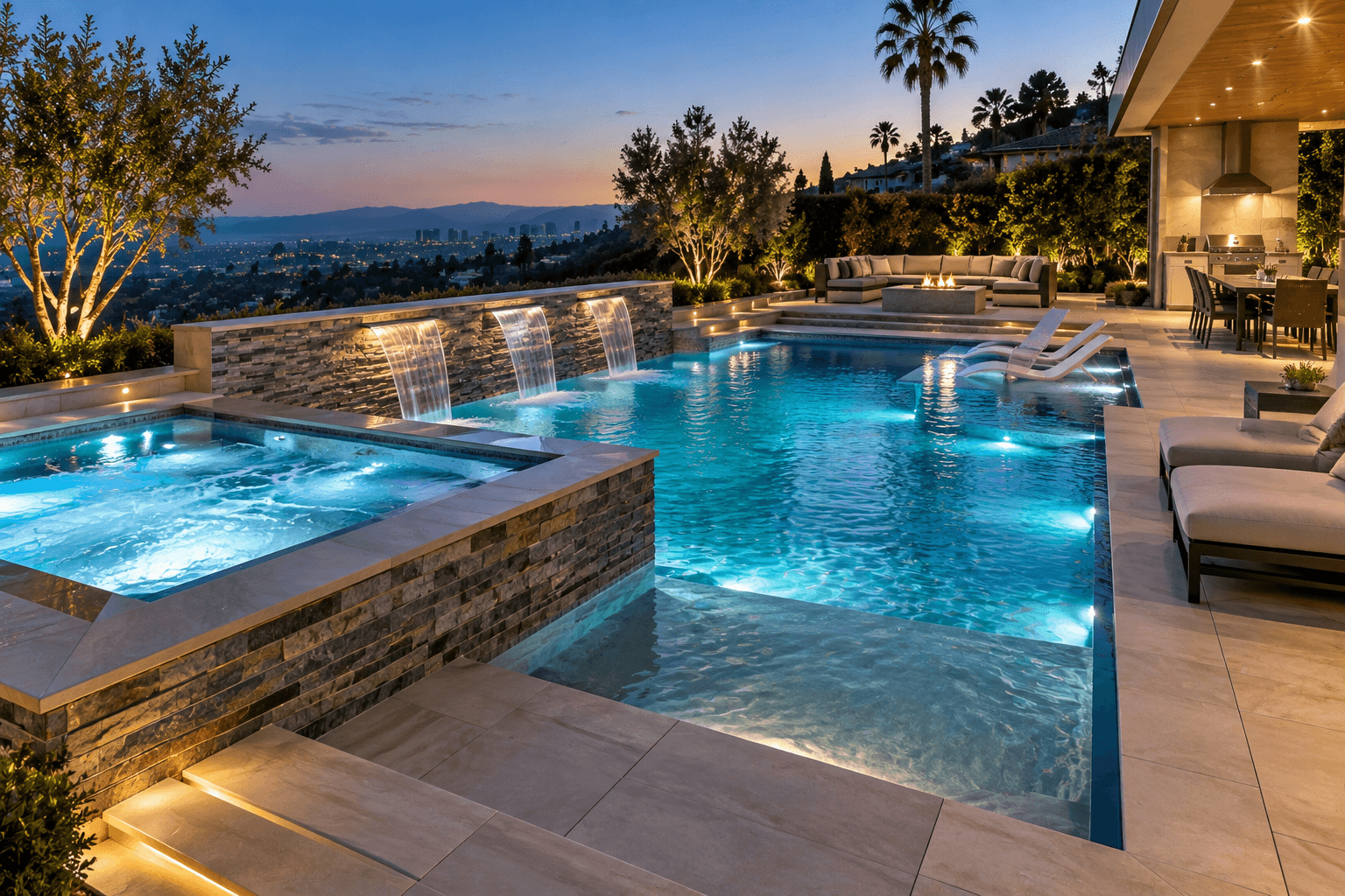 Luxury pool with spa, lighting, and water features in Los Angeles