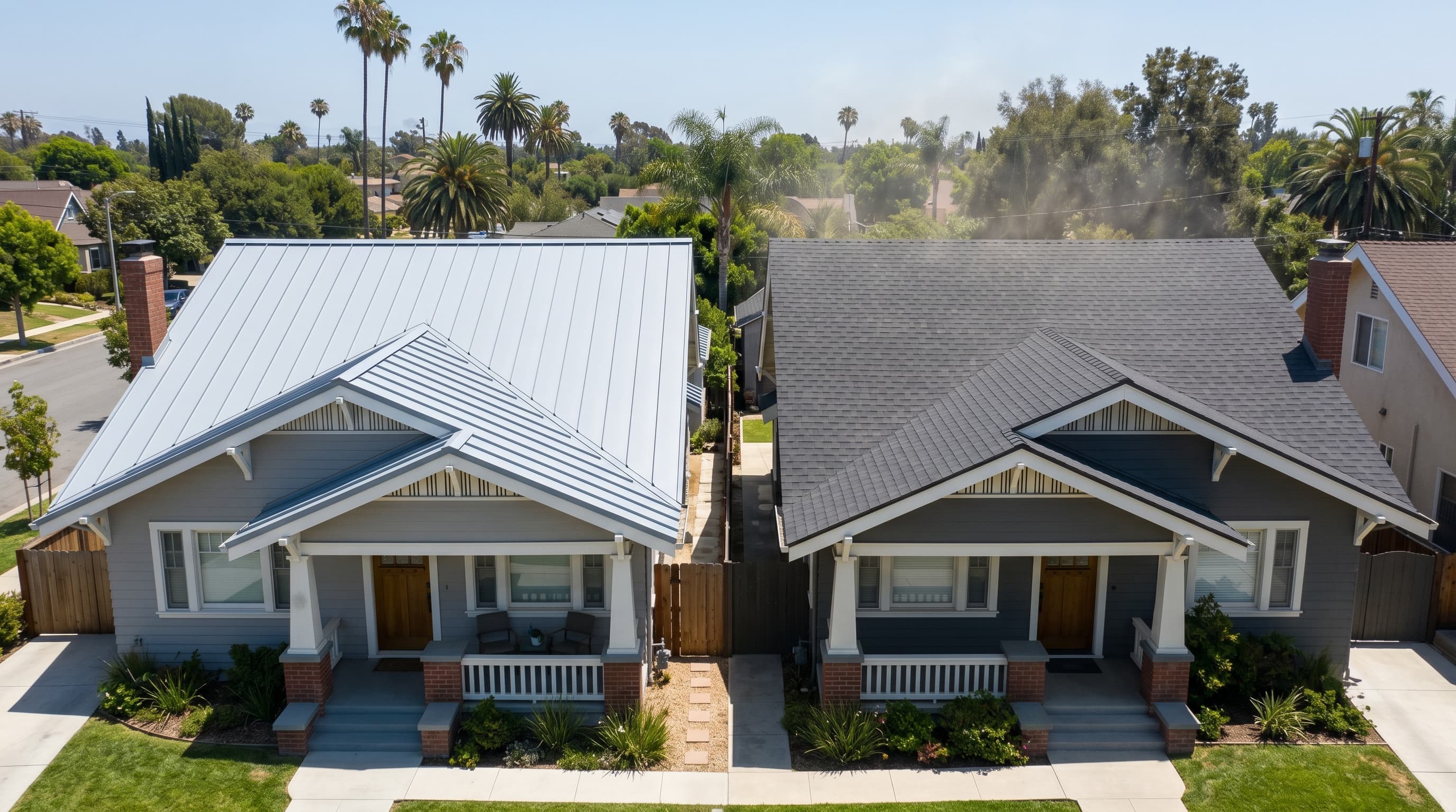 side-by-side comparison visualization showing a metal roof and an asphalt shingle roof on adjacent suburban houses during a sunny day.