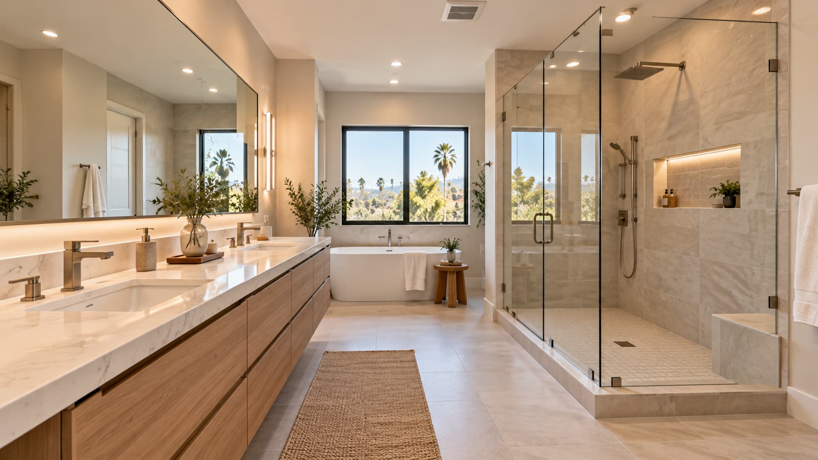 Contemporary bathroom remodel with a walk-in shower, floating vanity, and neutral porcelain tile.