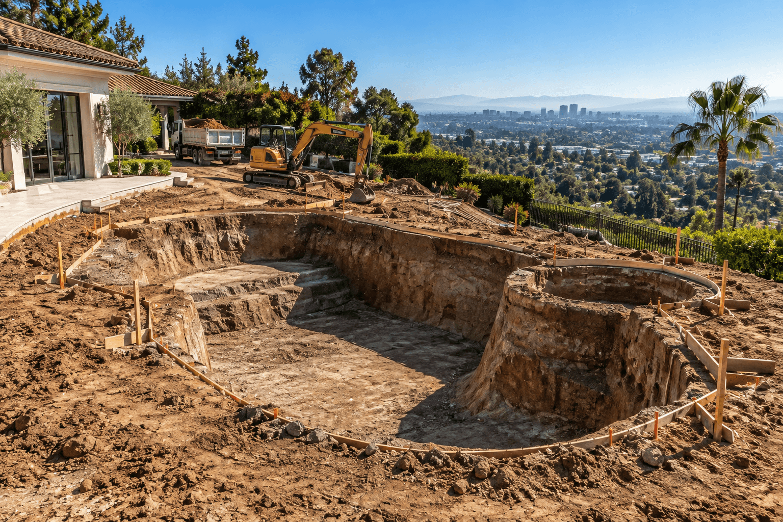 Los Angeles hillside backyard during pool excavation