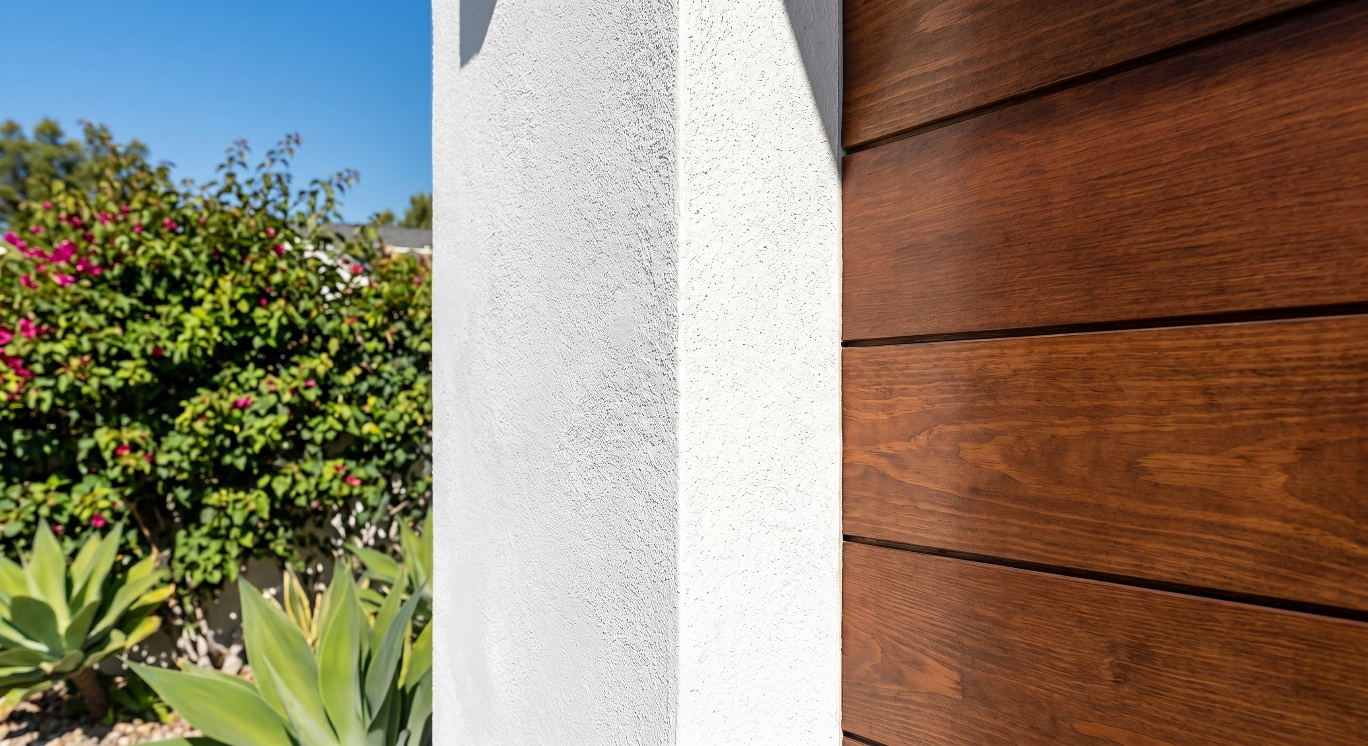 A close-up view of healthy, sealed, elastomeric cool-painted stucco and richly stained wood siding on a Los Angeles home