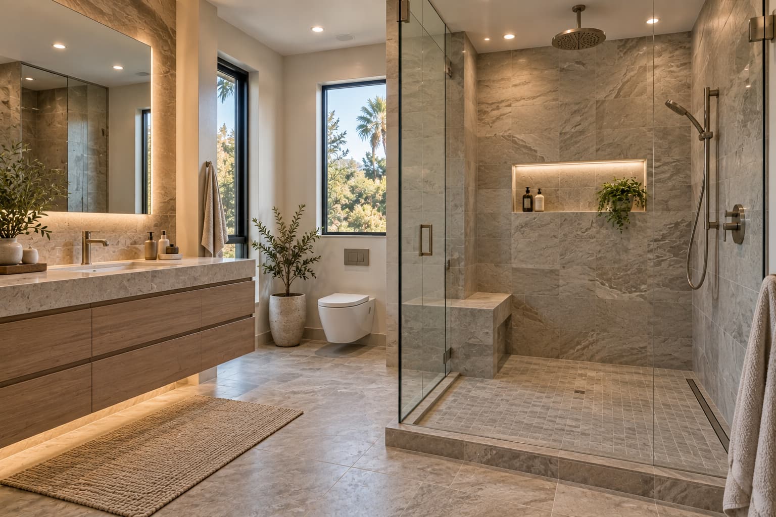 Spa-inspired walk-in shower with frameless glass and premium natural stone finishes